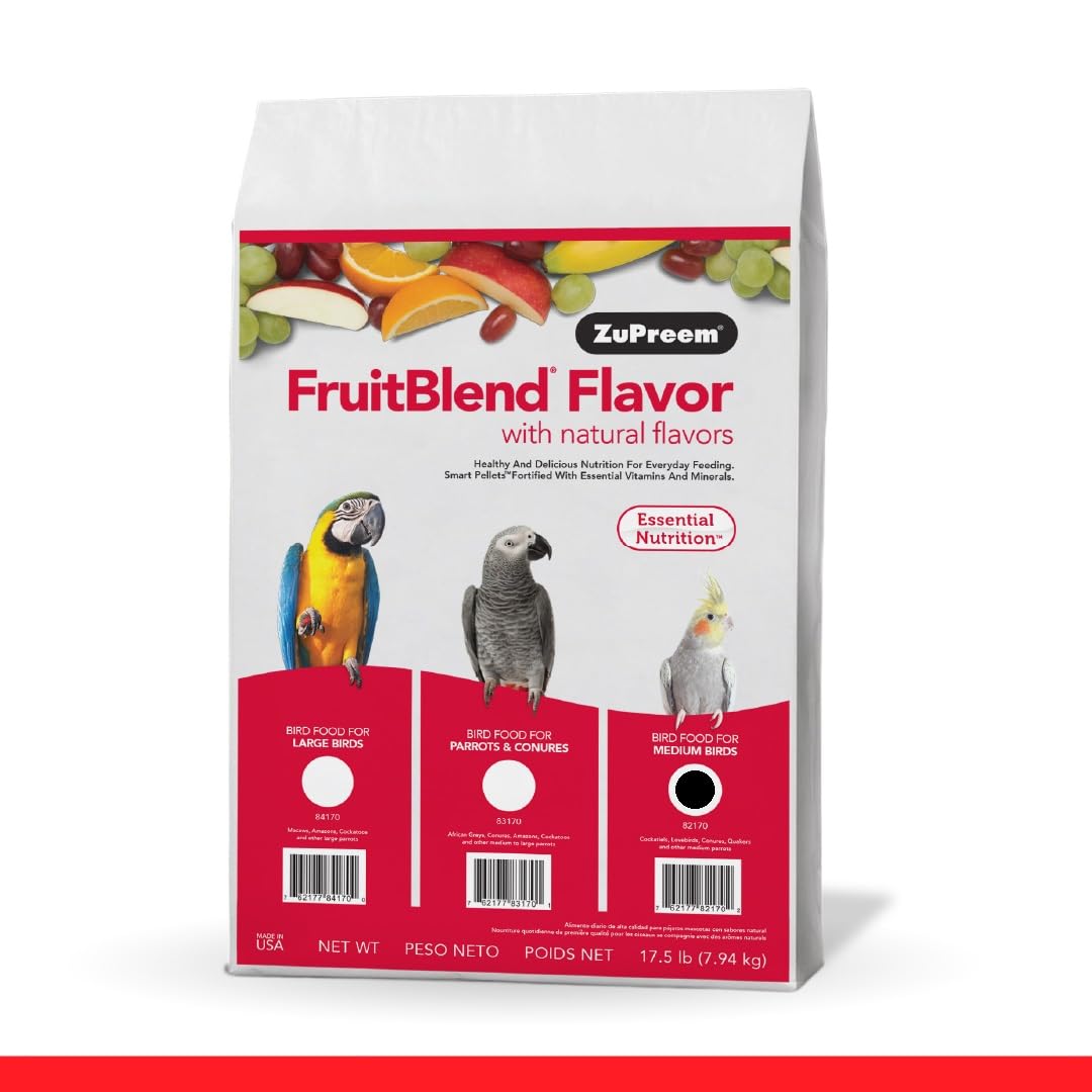 ZuPreem FruitBlend Bird Pellets, Daily Bird Food for Cockatiel, Lovebird, Quaker, Small Conure, Lorikeet, Core Nutrition for Medium Birds, Cockatiel Food, Conure Bird Food (M, 17.5 lb)
