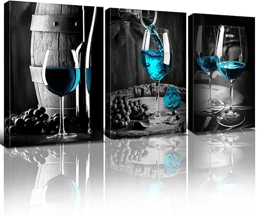 Arte de pared de vino turquesa para cocina, decoración de pared verde azulado, sala de estar, lienzo de copa de vino gris y negro, cuadros de Vino