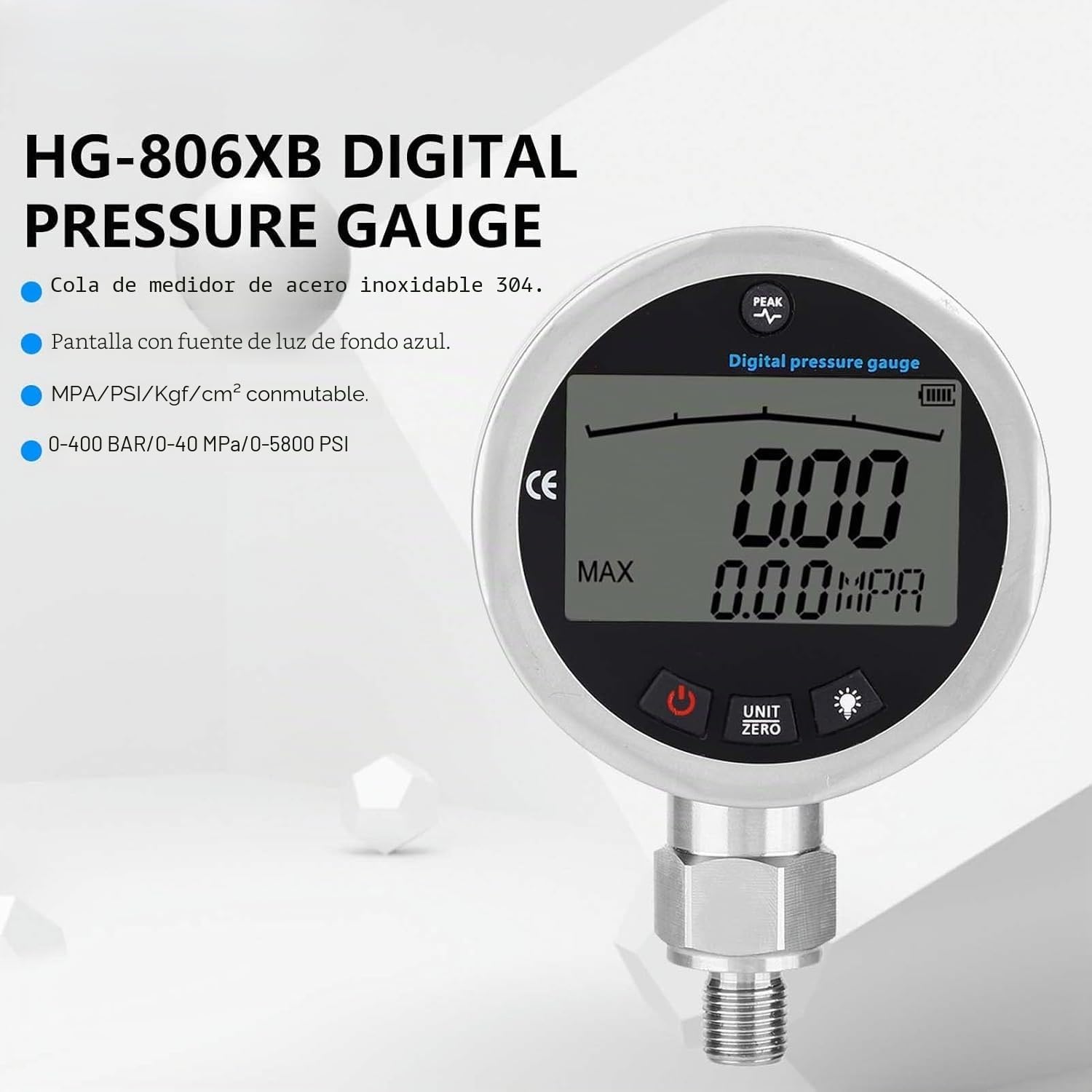 Manómetro Hidráulico Digital, 400 Bar Manómetro Digital de Acero Inoxidable con Conector G1/4, Manometro Presion con Pantalla LCD Iluminada, Portátil Vacuometro, para Agua, Gas y Aceite