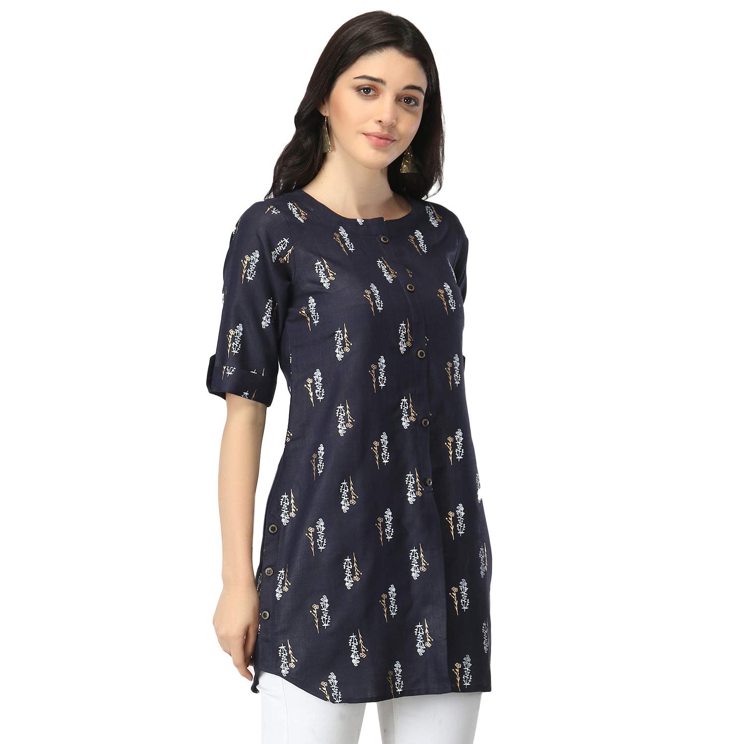 Om Sai Latest Creation Rayon Foil Printed Fully Stitched Anarkali Foil Print Kurti For Women & Girls On Jeans Palazzo Or Skirt (Plus Size Upto 2Xl) (Blue)