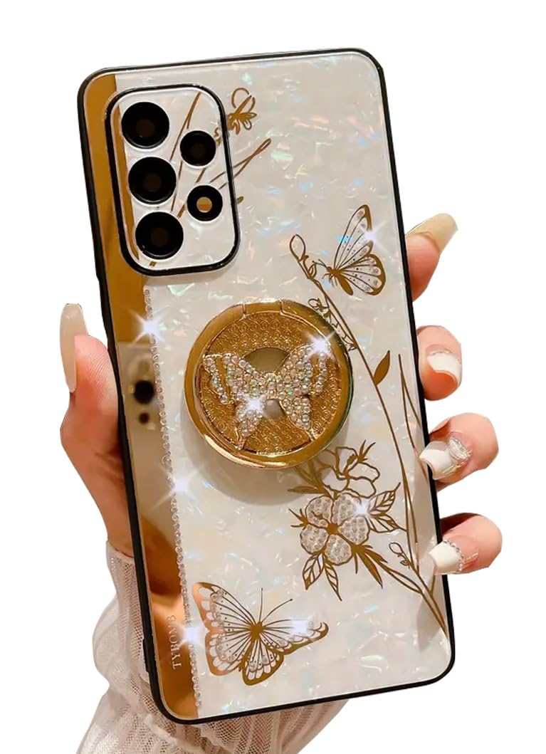 Topwin Galaxy A32 5G Kickstand Case, Cute Marble Conch Shell Floral Butterfly with Ring Stand Elegant Shockproof Protective Cover for Girls Women for