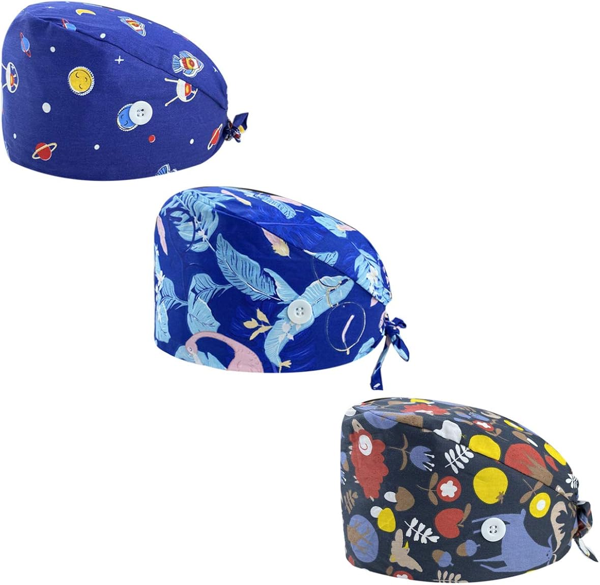 Leader Jin Cute Printed Working Cap Bouffant Turban Cap with Button and Sweatband Adjustable Tie Back Hats for Women/Me