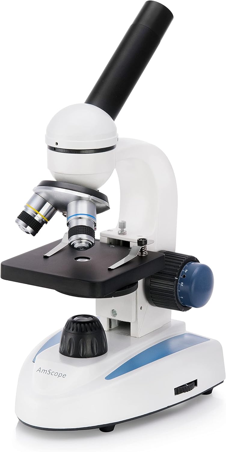 AmScope M149C Compound Monocular Microscope, WF10x and WF25x Eyepieces, 40x-1000x Magnification, LED Illumination, Brightfield, Single-Lens Condenser, Plain Stage, 110V or Battery-Powered, Heavy-Duty Metal Frame