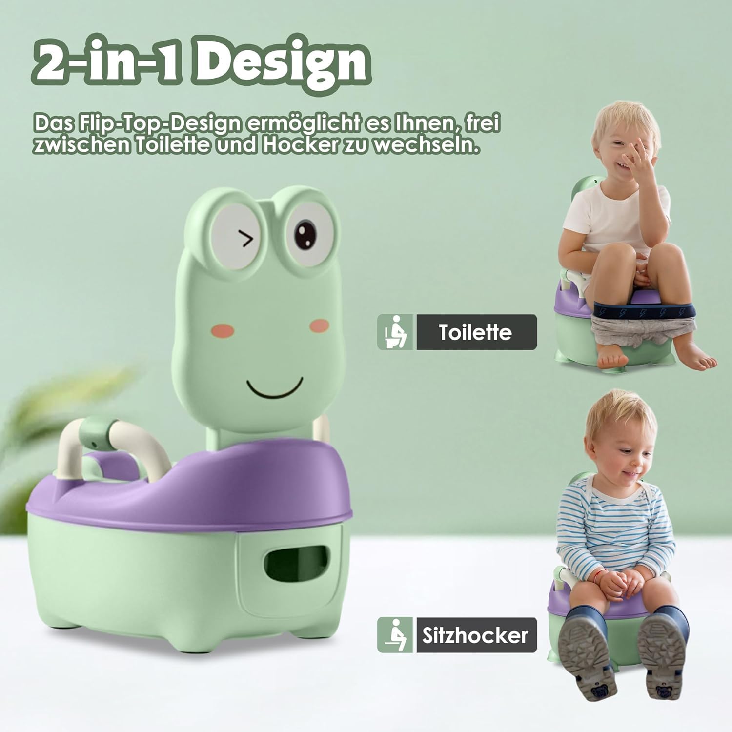ACXIN Kinder Töpfchen Kindertoilette für Kleinkinder Toilettentrainer Kinder Toiletten Babytopf mit Spritzschutz&Armlehnen Toilettentrainer Cartoon Deckel (Normal Typ, Grün)