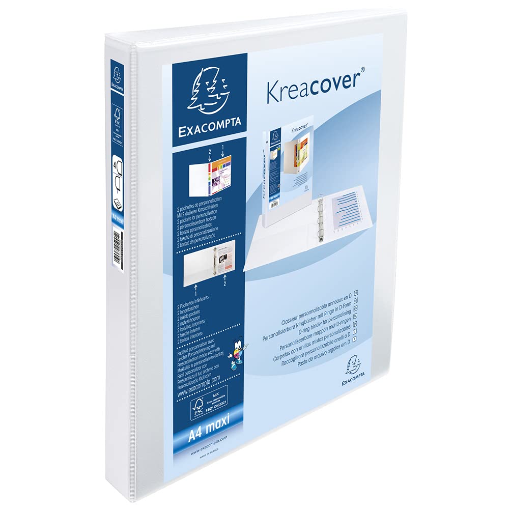 Exacompta 51942E Segregator 4 ringowy Kreacover A4+ grzbiet 47 mm, wykonany z tworzywa sztucznego PP segregator pierścieniowy teczka na dokumenty segregator na dokumenty 1 sztuka kolor biały