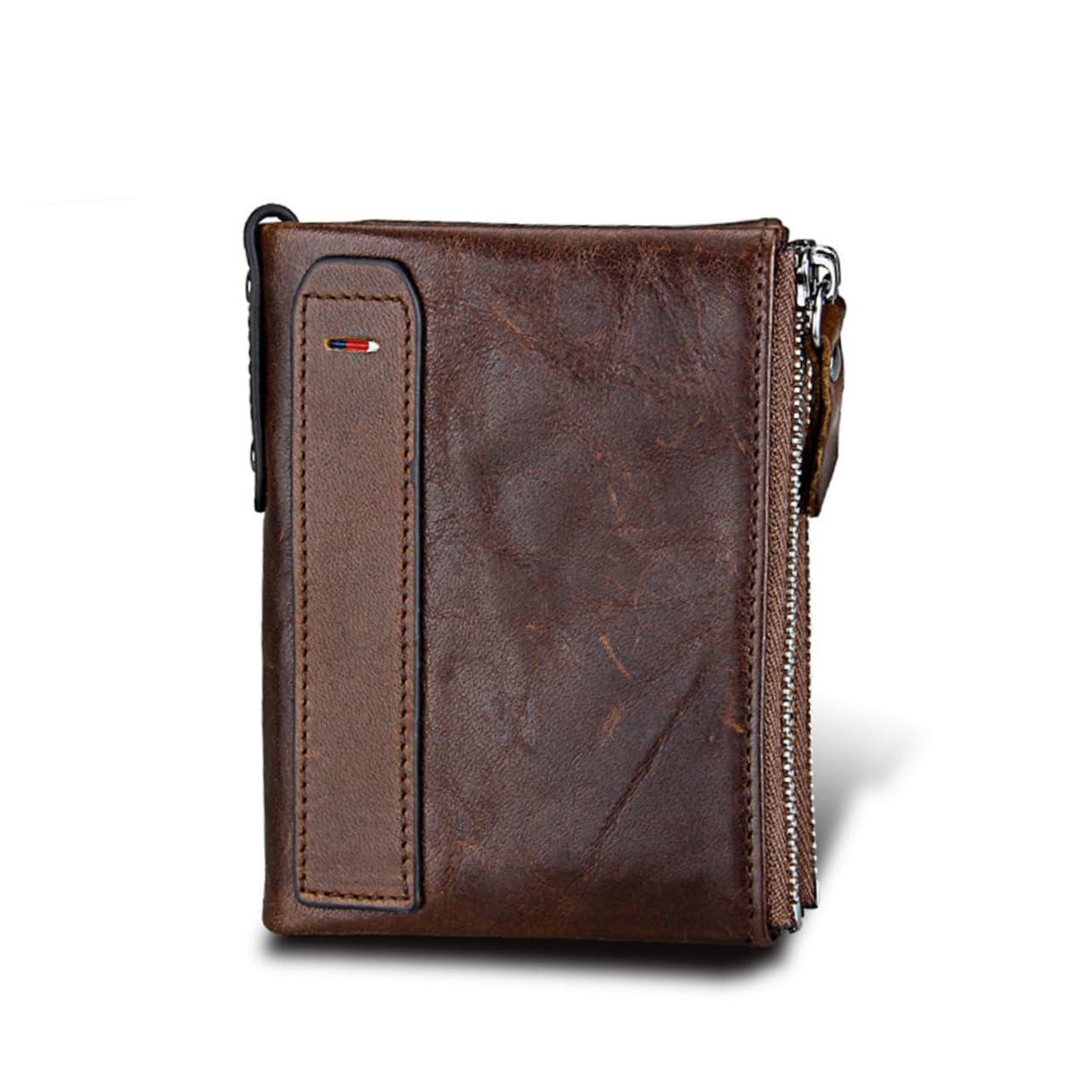 Abaodam Portafoglio Uomo in Pelle con Cerniera Rfid Antifurto Multifunzione e Capiente Porta Carte e Monete Stile Corto Marrone Rosso