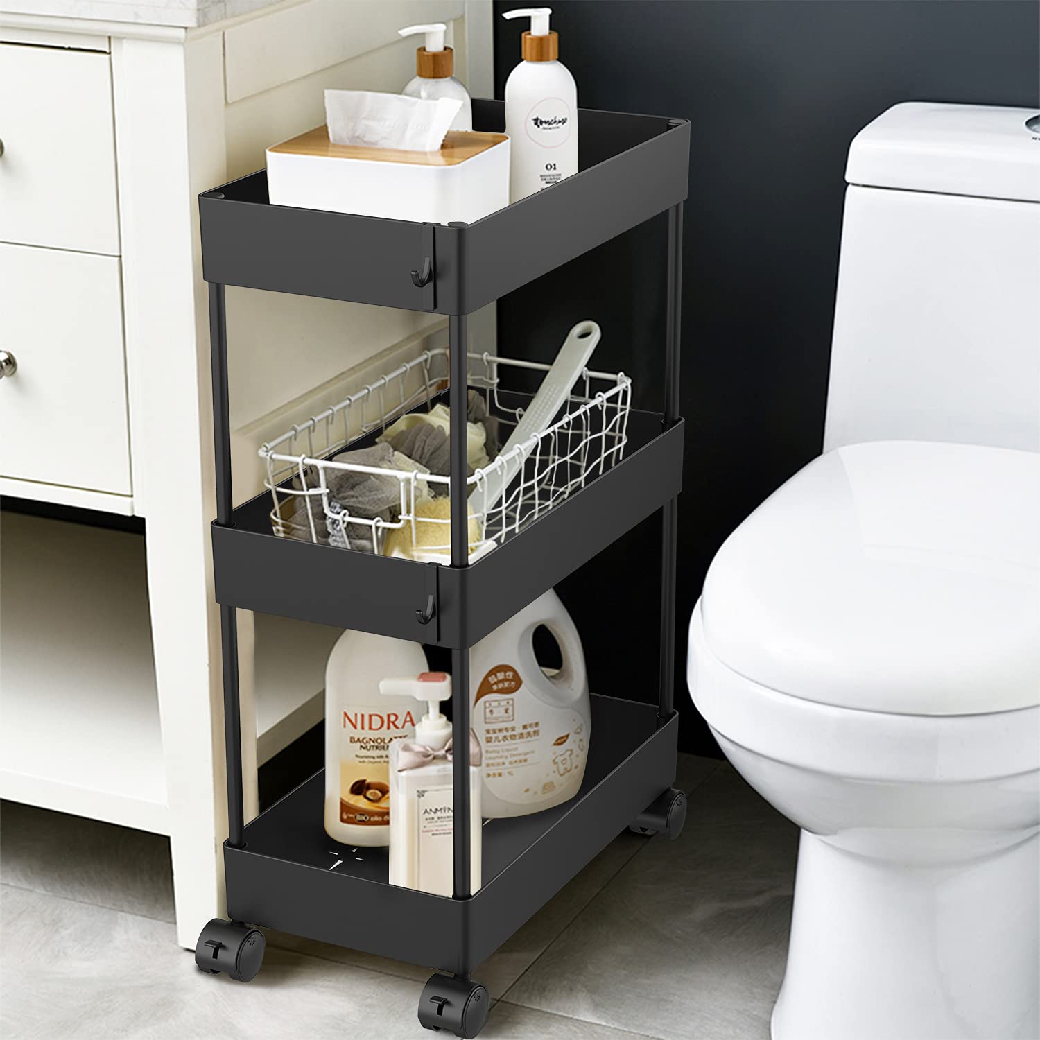 AOJIA Slim Storage Cart, 3 Tier Slide Out Storage Cart Bathroom Storage