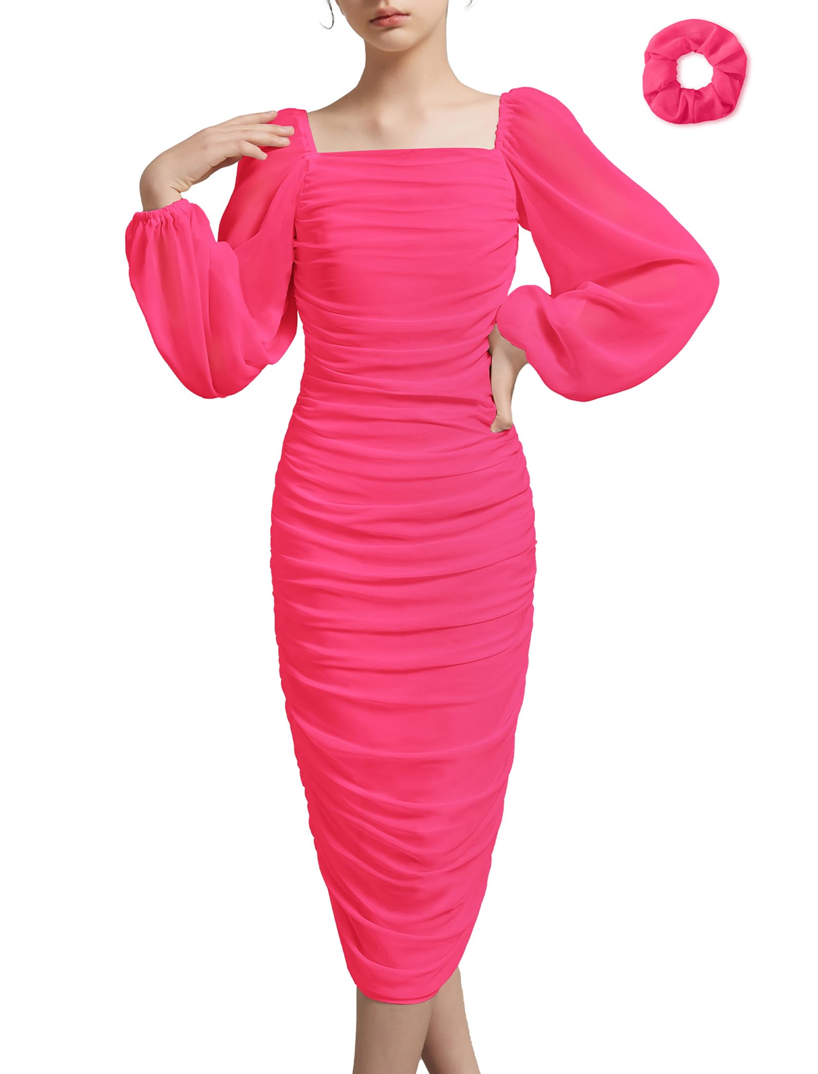 EXARUS Vestido entallado fruncido para niñas, para adolescentes, graduación, boda, fiesta, gasa, manga farol, vestido largo por debajo de la rodilla