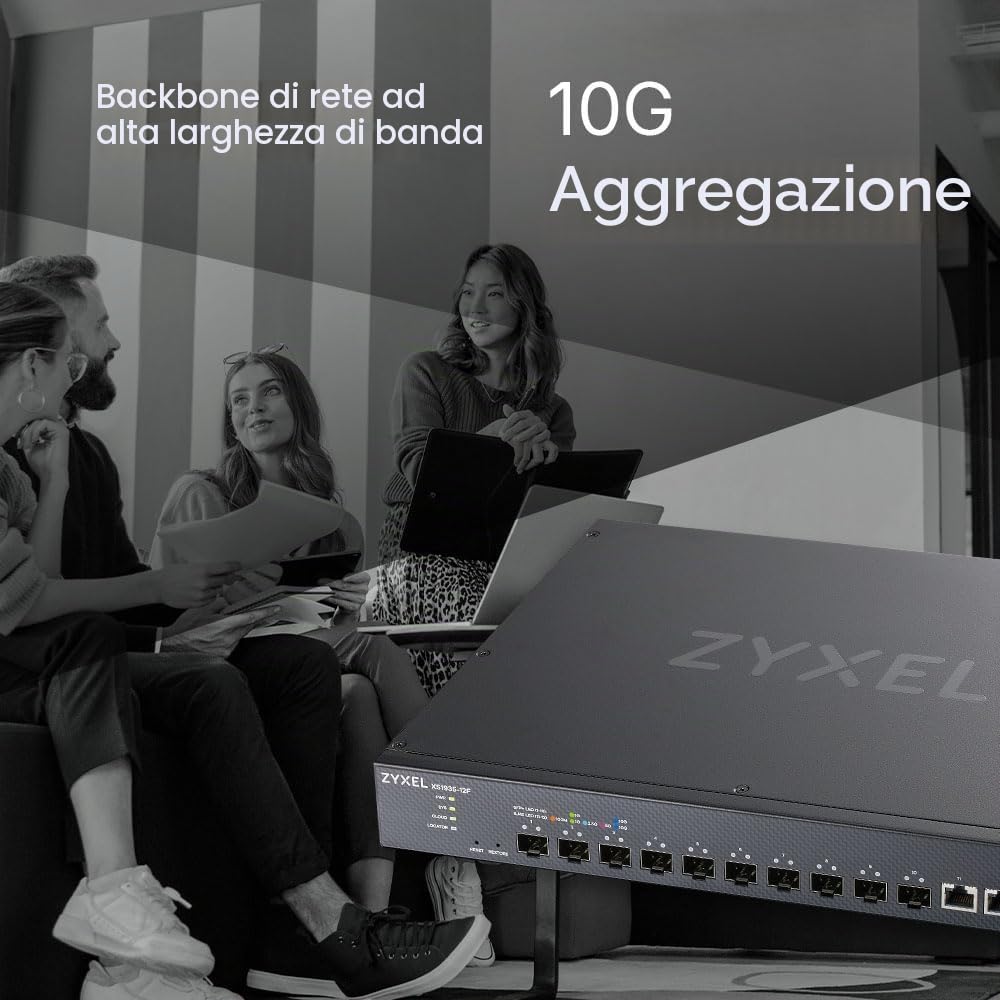 ZYXEL Switch Ethernet 12 Porte | Lite-L3 | 10G | Fiber | XS1935-12F | 2x Porte 10G RJ-45 + 10x 10G SFP+, Smart Managed, QoS, VLAN, Kit di Montaggio su Rack Incluso