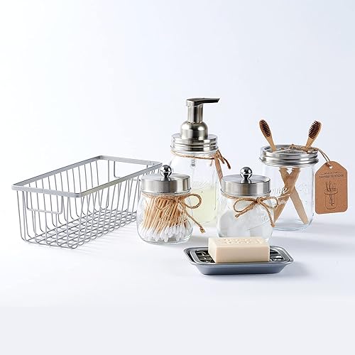 Miniatura 2 de Juego de accesorios de baño Mason Jar (6 piezas)  Dispensador de jabón espumoso, soporte para cepillos de dientes, soporte para Qtip, tarros de