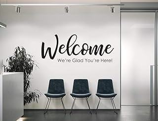 Vinyl Wall Art Decal | Welcome We're Glad You're Here | Door Sign Church Worship Sanctuary Business Shop Company (White, 18 x 6.9 Inches)
