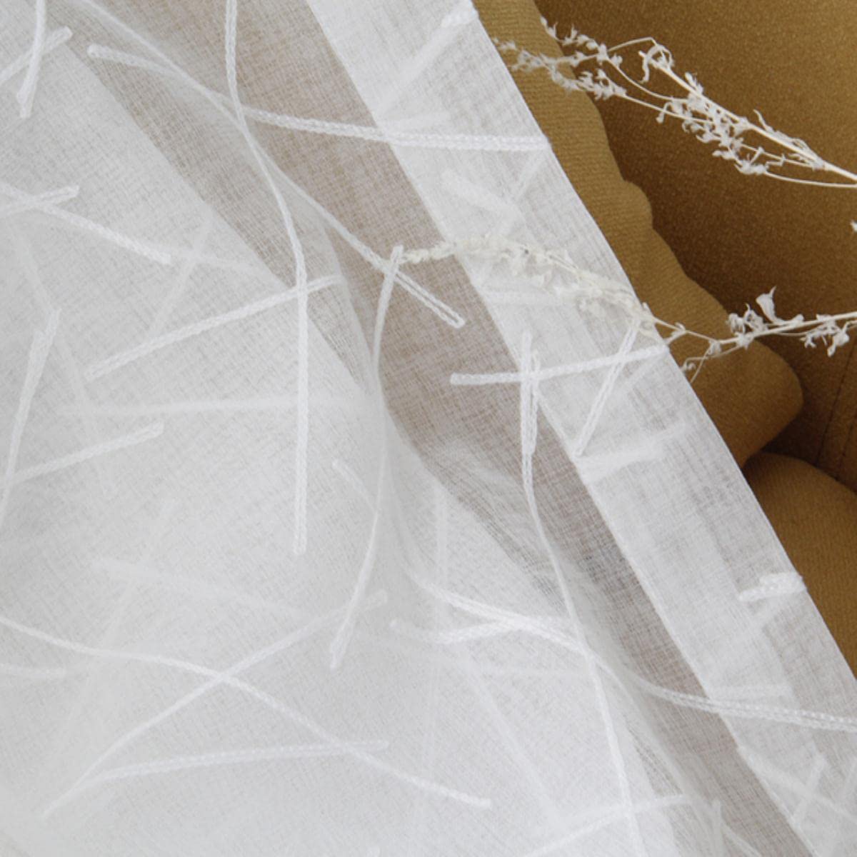 Blanc Broderie Tulle Fenêtre Rideaux pour Salon Géométrie Sheer Rideaux pour Chambre Voile Rideau Rideaux Aveugle Fini-Blanc,W400xL250cm 1pc,Ruban pour Crochets