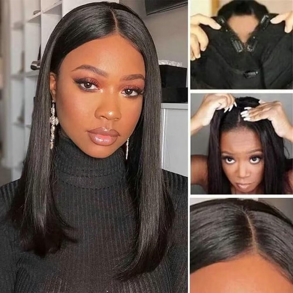 Straight Human Hair Wig V Part Wig Bob Glueless Wigs For Black Women U Part Bob Wigs Natural Black Color 12 Inch - Image 3