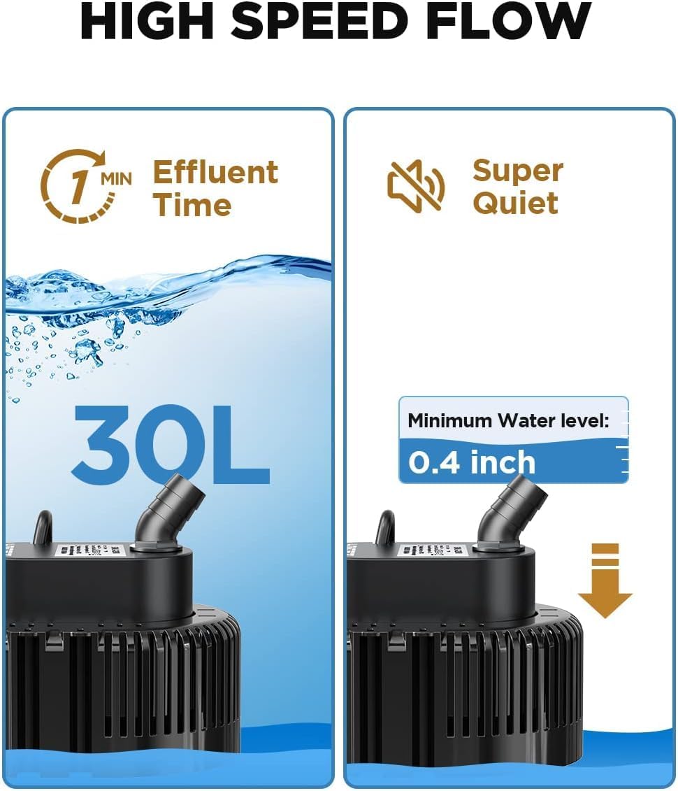 Sump Pump, 950GPH Ultra-quiet, Submersible Water Pump, Pool Cover Pump, Sump Pump for Pool Draining with 16ft Drainage Hose, Upgraded 25ft Thicker Power Cable and 4 Adapters, Black