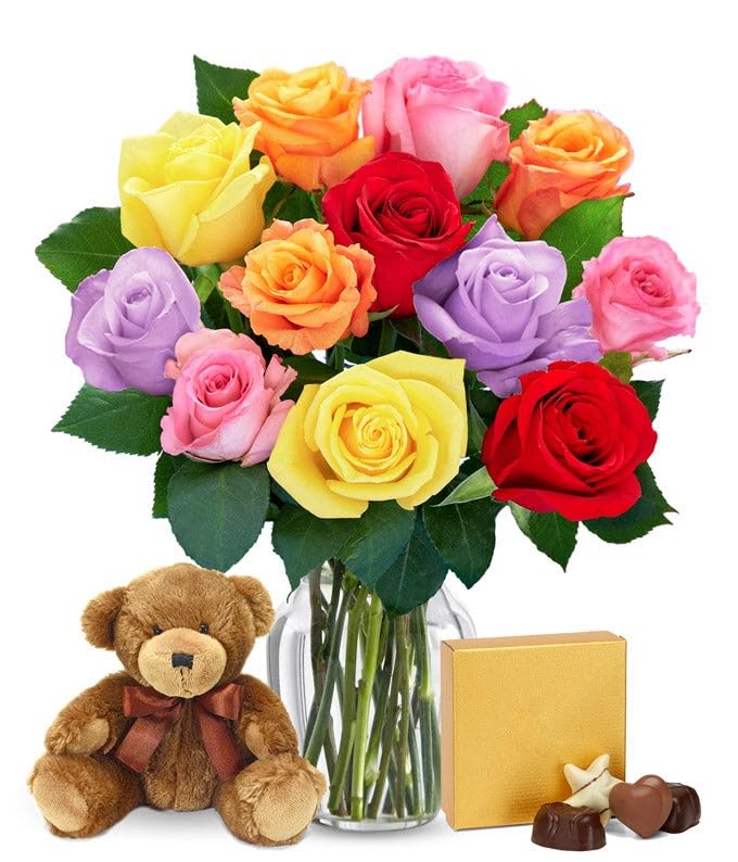From You Flowers One Dozen Rainbow Roses with Chocolates & Teddy Bear in Glass Vase - Fresh Flower Gift Set for Birthday & Anniversary