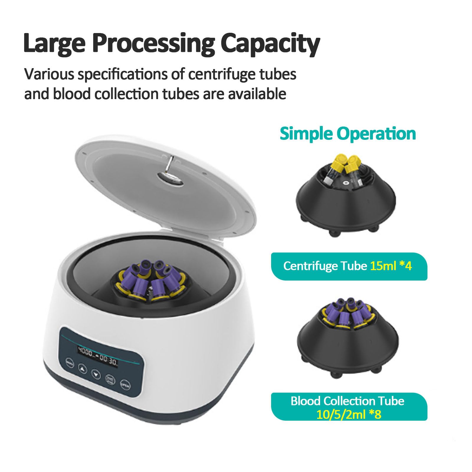 Centrífuga de Laboratorio, microcentrífuga científica Digital LCD con Temporizador Ajustable, de sobremesa, para Tubos de 8 × 10/5/2 ml y Tiras reactivas de PCR de 4 × 15 ml, LC-400