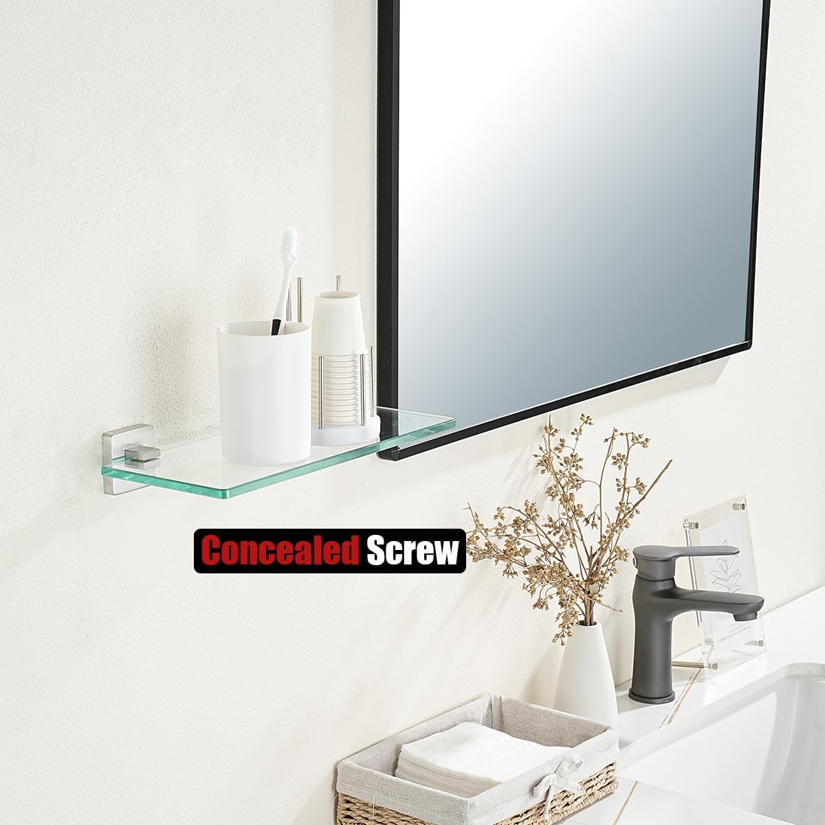 JQK Bathroom Glass Shelf, Tempered Glass Shower Storage 12 by 5 inches, 304 Stainless Steel Brushed Finish Wall Mount, TGS201L12-BN