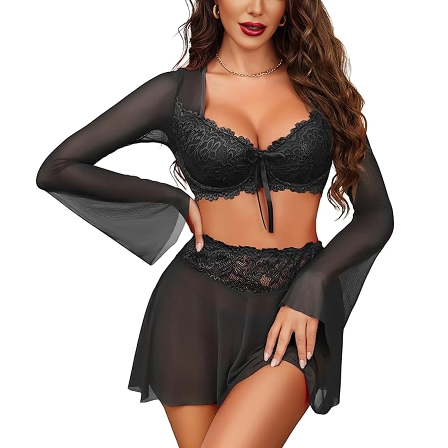 vaia Women's Black Sheer Mesh Babydoll Lingerie, Floral Lace Nightdress with Long Bell Sleeves, Matching Panty, Bridal & Honeymoon Nightwear-picture-2