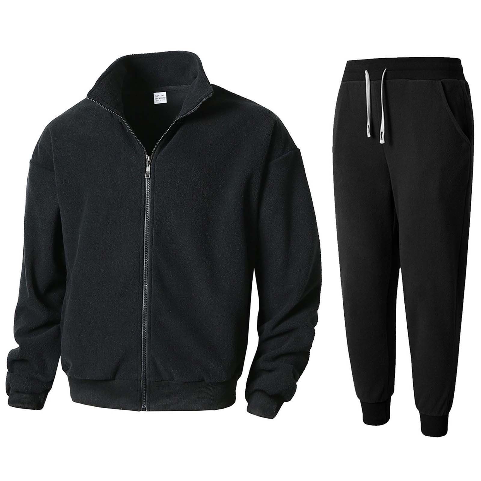 Generisch Tuta da uomo in pile con colletto alto, tuta da jogging in due pezzi, per sport e tempo libero, set di giacca con zip e pantaloni da jogging