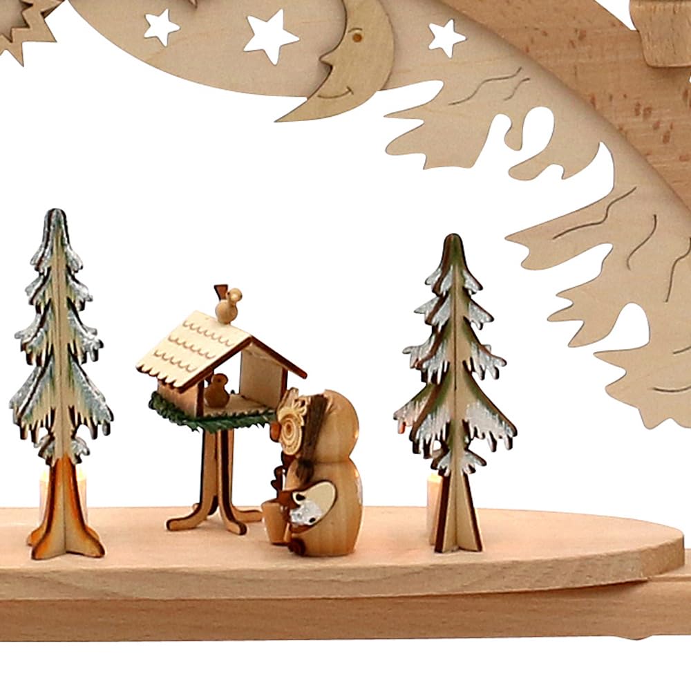Dekohelden24 3D Holz Schwibbogen, Lichterbogen, Schwippbogen, Leuchterbogen, Fenster Schwibbogen mit 3 Eulenfiguren und Winterwald, 230V mit Kabel, 10-flammig, L/B/H ca. 57 x 9 x 38 cm.