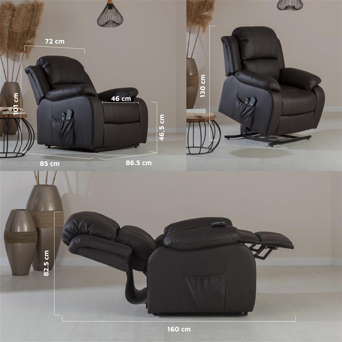 ZZ DON DESCANSO - Sillón Relax Reclinable Eléctrico Levanta Personas Trevi Choco, Reclinación 160º, 10 Programas, Temporizador, Calor Lumbar. Sillón Masaje 4 Zonas de Eco Piel PU. Incluye 2 Mandos