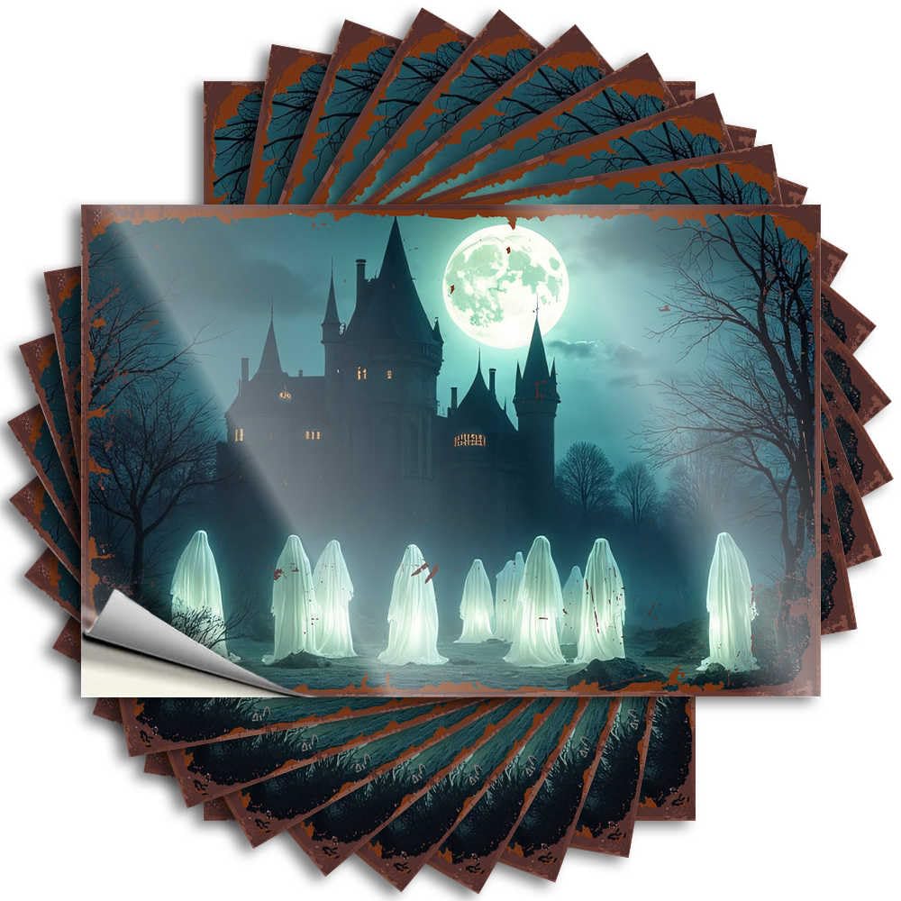 Fzfn Men's Colour Stickers Plain | Encouraging Garage Spooky Ghosts Gather Before Haunted Castle Under Full Moon For Paw(8X12cm)