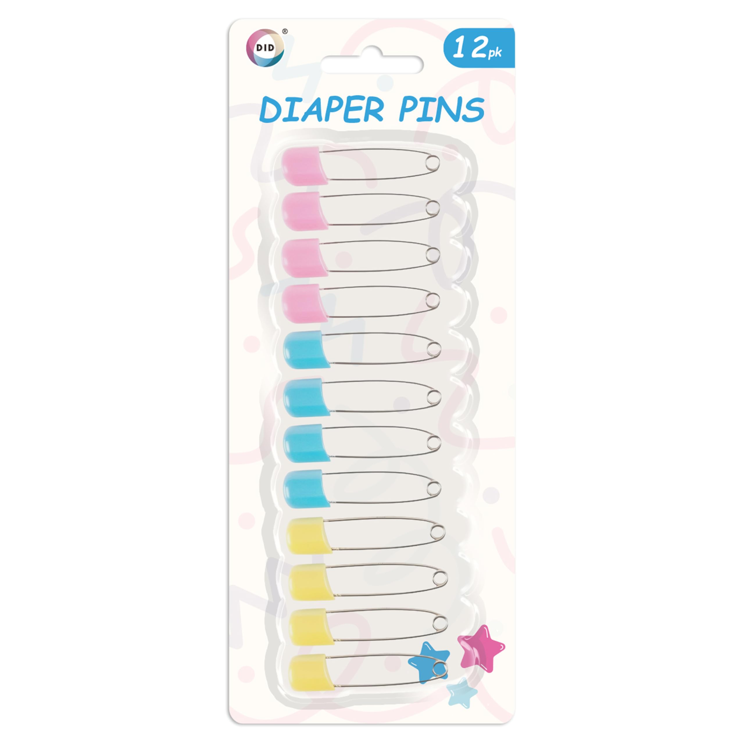 DID Diaper Pins, Assorted Pink Blue and Yellow Nappy Pins with Safety Covers, Secure Fasteners for Cloth Nappies, Baby Care, Sewing, Crafts, Clothing Repairs and Household Use Pack Set (Pack of 12)