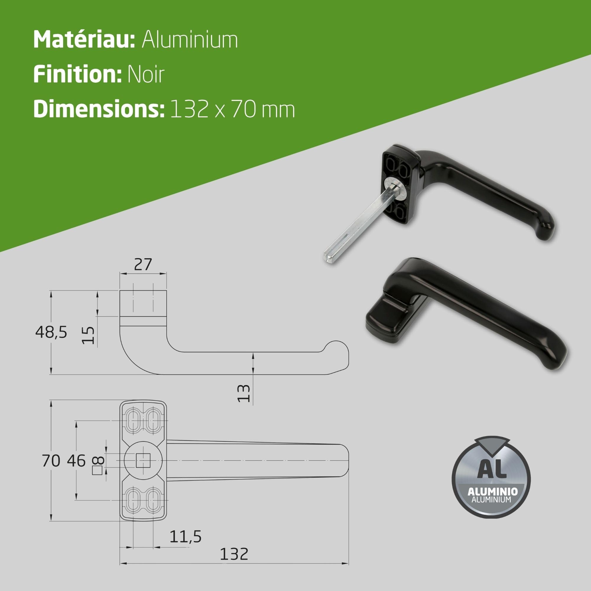 Amig - Poignée de Porte sur Rosace - Modèle Epsilon - Carré de 8 mm - Noir - Aluminium - Design Moderne et Réversible - Jeu de Poignées