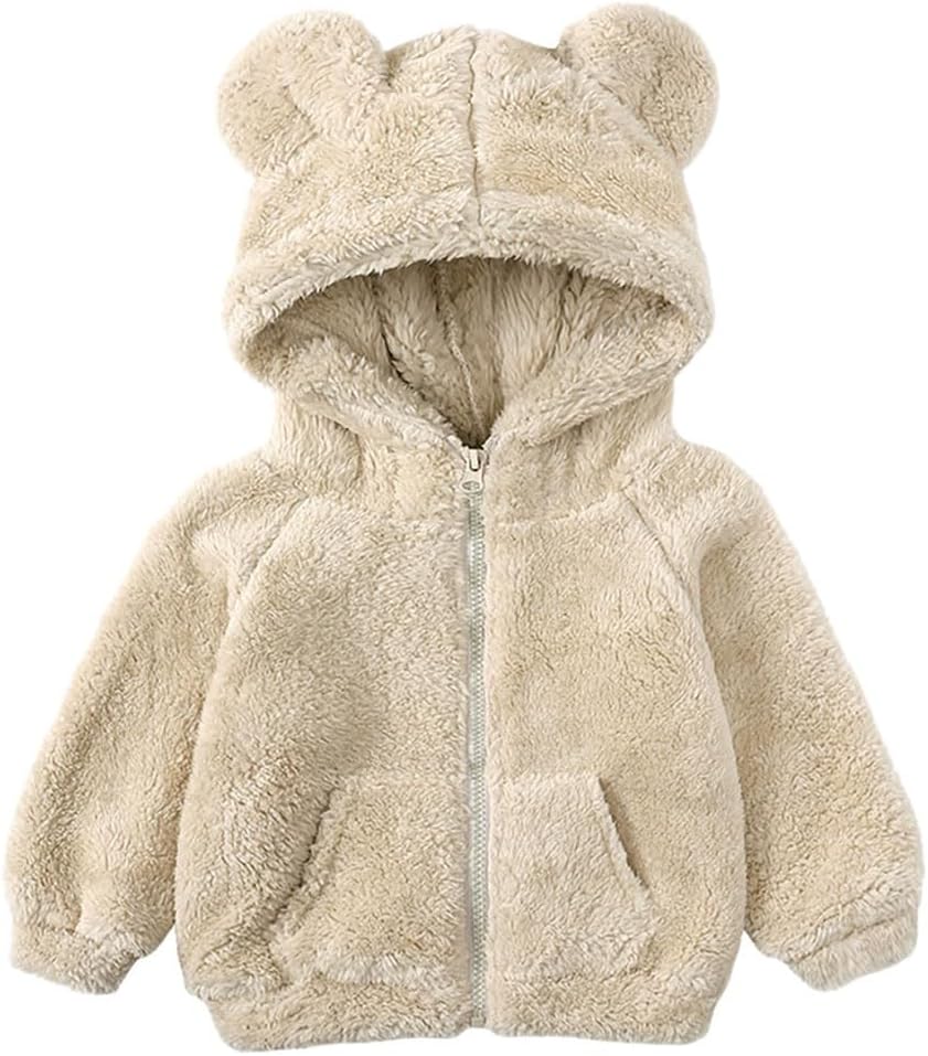 Toddler Baby Boys Girls Cartoon Fuzzy Fleece Hoodie Jacket Coat with Ears Winter Warm Zipper Up Sweatshirt Outwear