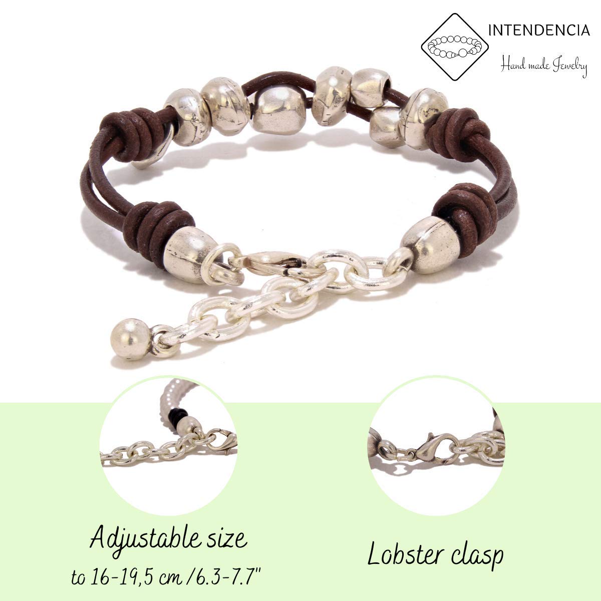 Hecho a mano, con cuentas de zamak para mujer - Pulsera de cuero para mujer hecha por Intendenciajewels - Plateado - Brazalete con cuero y zamak - Pulsera ajustable de 16-19,5 cm.