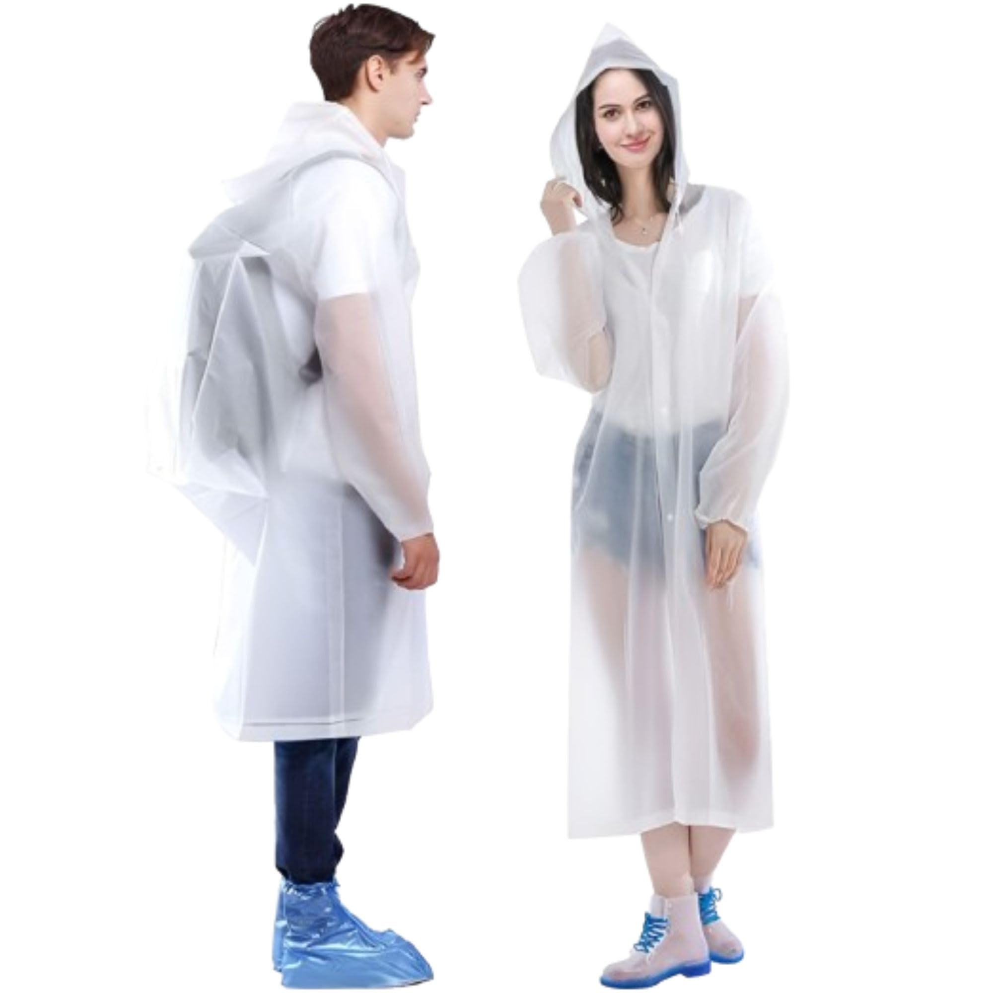 Reusable Waterproof Raincoat (Set of 2), Poncho for Men & Women Lightweight, Foldable Rain Jacket with Hood, Full-Length, Perfect for Camping, Hiking, and Travel (Transparent)