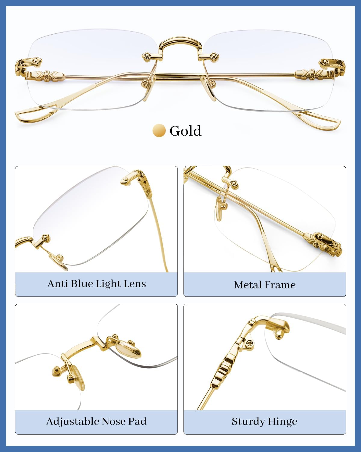 LUFF Reading Glasses Men Women,Rimless Mens Readers Blue Light Metal Computer Eyeglasses Anti-Eyestrain/Dryness/Glare(0.6oz) - Image 7