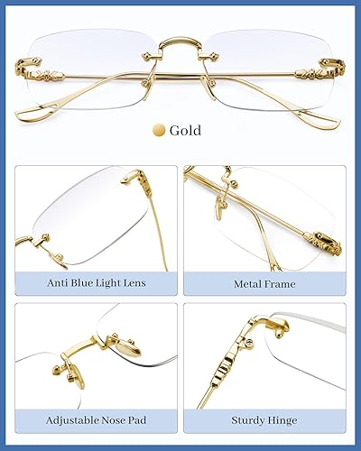 Miniatura 7 de LUFF Anteojos de lectura sin marco para mujeres y hombres, lectores sin marco, lentes de lectura clásicos de metal claro azul antifatiga ocular