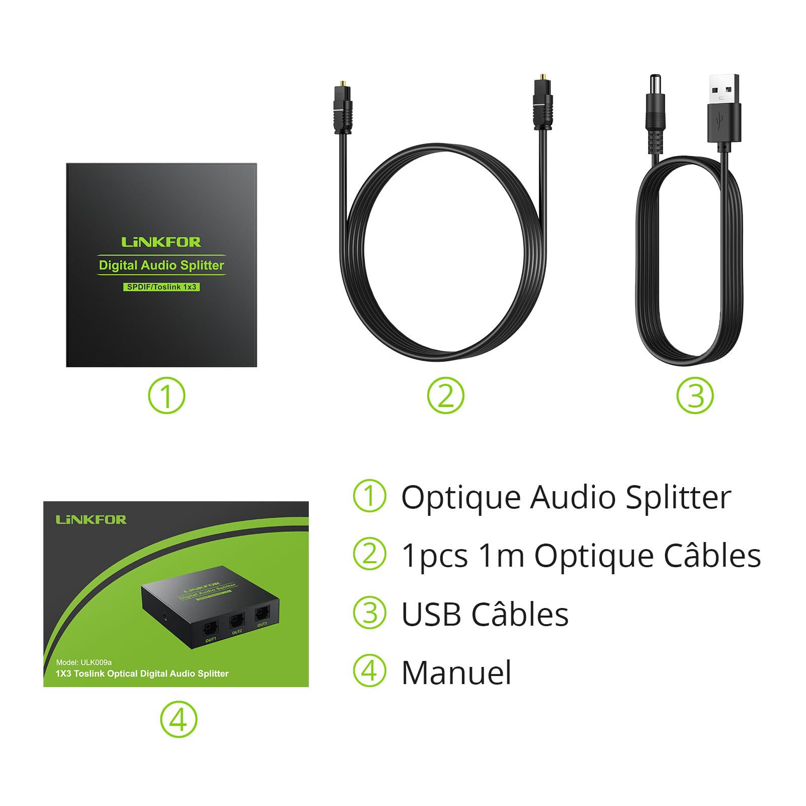 LiNKFOR Répartiteur audio optique 1 x 3 SPDIF Toslink en alliage d'aluminium 1 entrée 3 sorties prend en charge LPCM 2.0 DTS pour Dolby-AC3 Compatible avec PS3 DVD HDTV STB