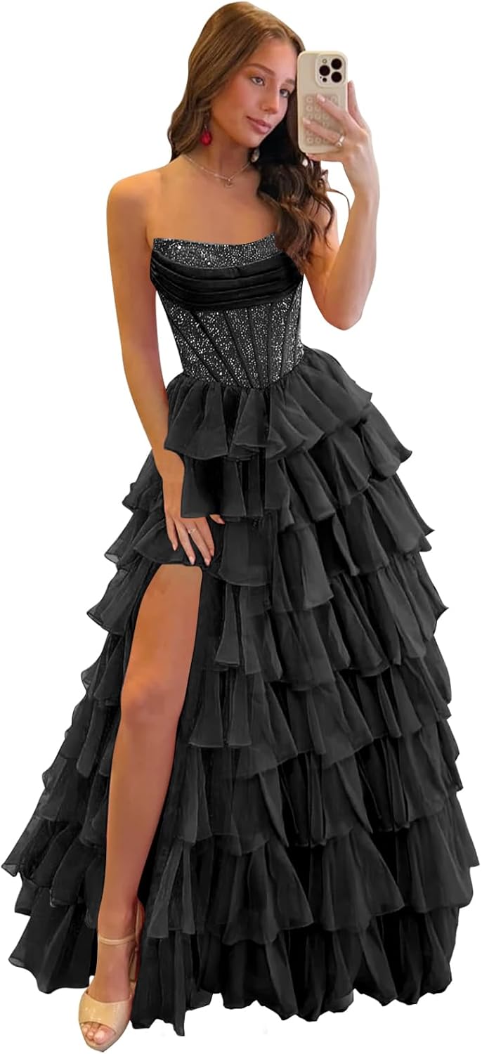 Sequin Strapless Corset Prom Dresses for Women Chiffon Tiered A Line Formal Evening Party Gown with Slit