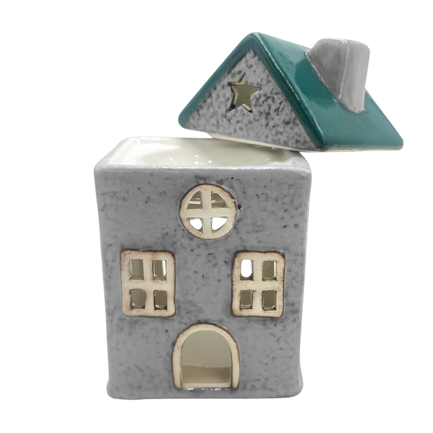 Cello Star Cottage Burner - Green Ceramic House Scented Wax Melt Fragrance Oil Burner Tealight Decorative Holder Aroma Lamp Present Home Gift for Christmas