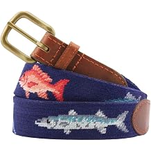 Smathers & Branson Men Gulf Coast Fish Needlepoint Belt |Genuine Leather |Anti-Scratch Brass Buckle - Durable & Stylish, Navy