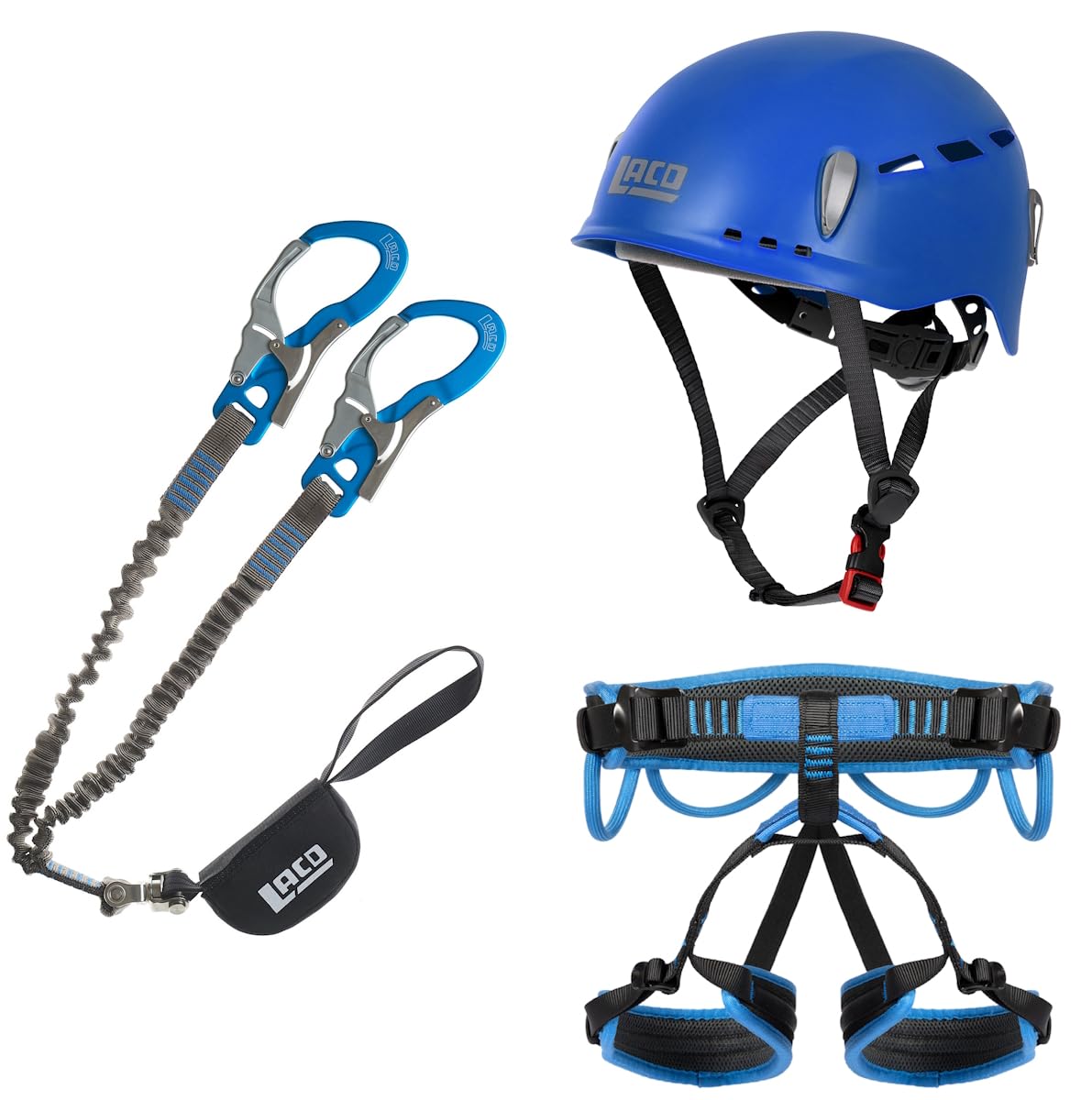 LACD Klettersteigset Ultimate Ferrata S mit mit Swivel (Drehwirbel) + Helm Protector 2.0 Blue + Klettergurt Start 2.0