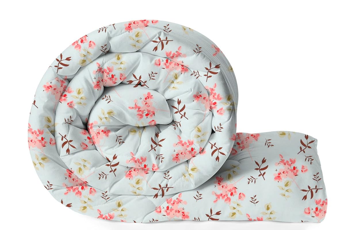 HOMEKART 220 GSM Reversible Microfiber AC Comforter/Duvets for Mild Winter | All Season King Size 3 Layered Quilted Blanket for Single Bed (150 cm x 225 cm, Floral, Aqua & Pink)
