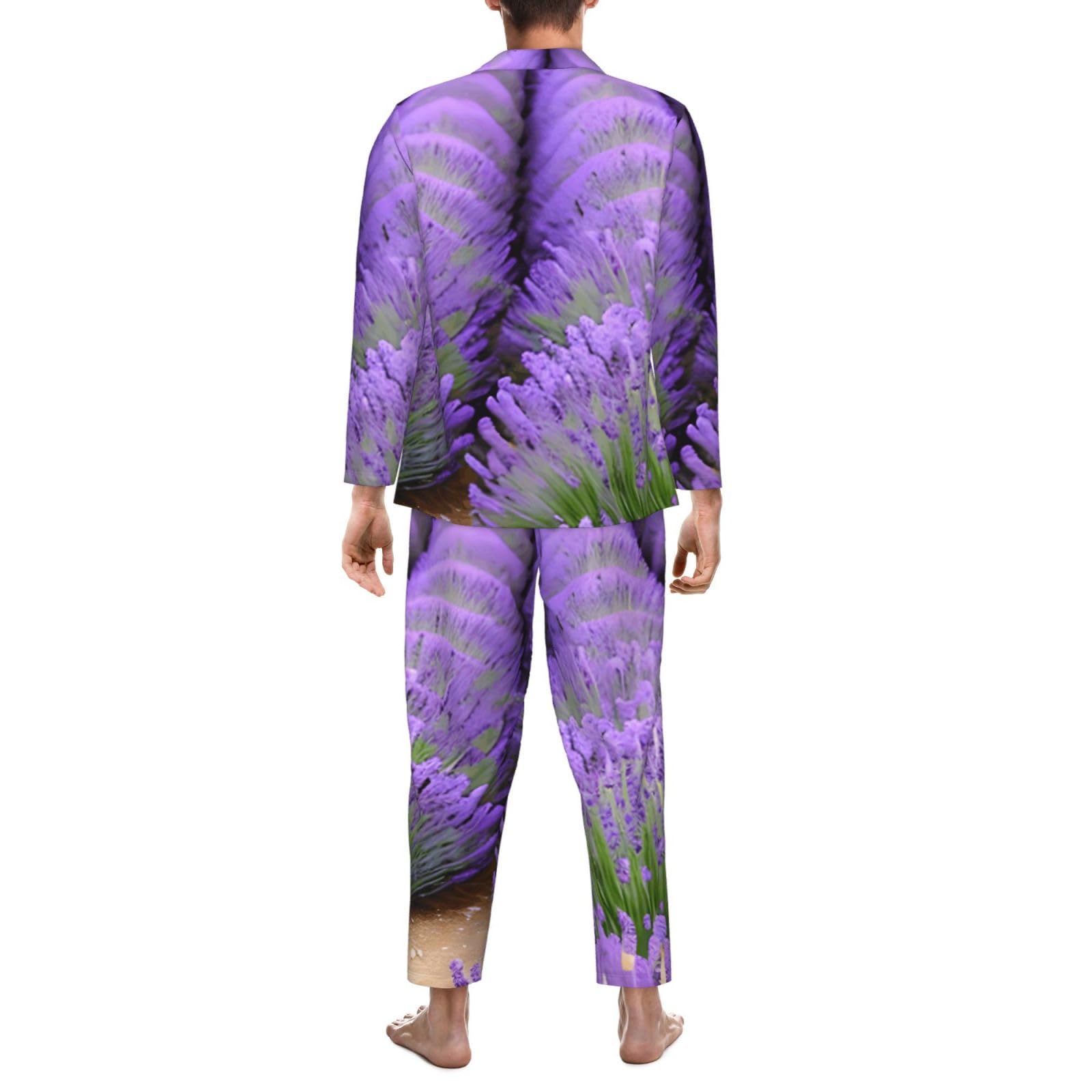 Romantico Lavanda Stampa Uomo Manica Lunga Pigiama Set Pigiameria Due Pezzi Casa Viaggio Outfit Lounge Pantaloni