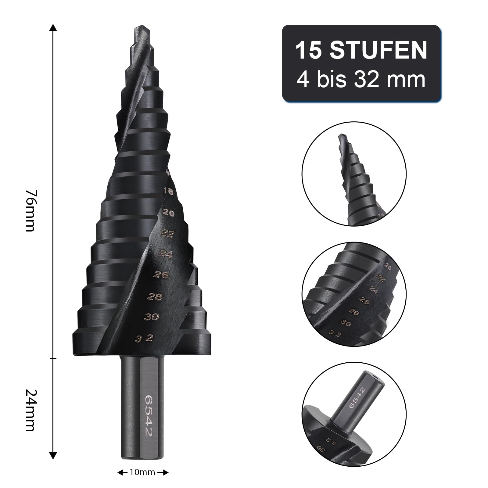 ERWEY Wiertło stopniowe [15 stopni | Ø 4-32 mm] wiertło stożkowe HSS wiertło stożkowe idealne do metalu, drewna, tworzywa sztucznego, kolor czarny