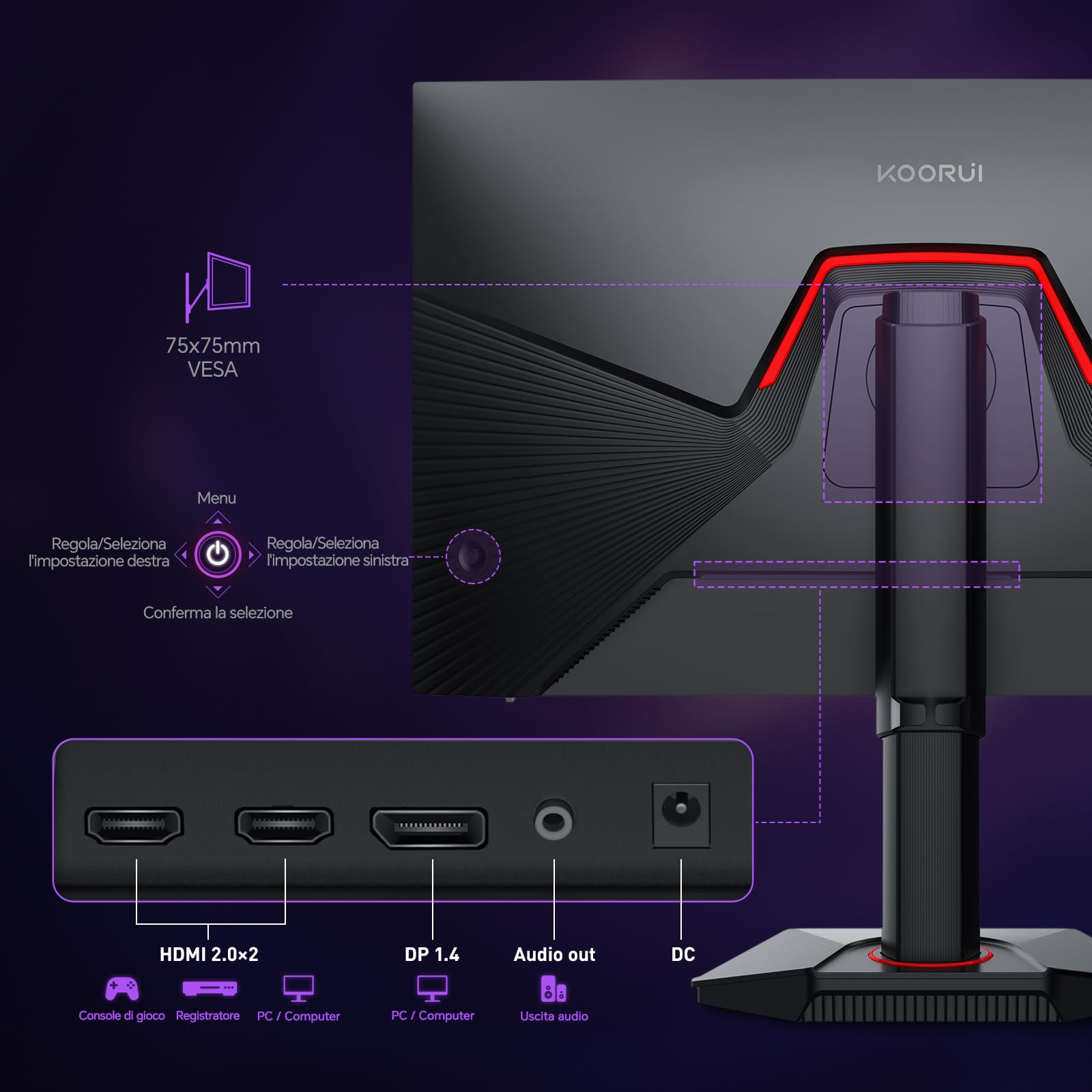 KOORUI G2722P Monitor Gaming QHD 27" piatto, Fast IPS, 200 Hz, 1 ms, altezza regolabile (2560 x 1440, HDR 400, 400 nit, 95% DCI-P3, HDMI, DisplayPort)