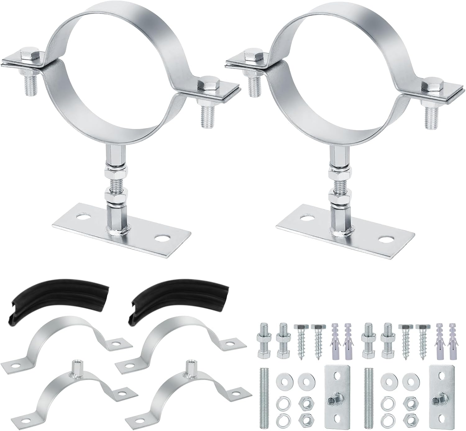 2 Pack 3-Inch Heavy-Duty Adjustable Pipe Brackets with Non-Slip Pads, Galvanized Steel Split Ring Pipe Hangers with Wall Straps & Screws for Vent, Chimney & Duct Pipe Support