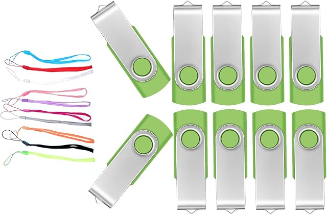 USB Memory Stick 16GB 10 Pack USB 2.0 Sticks - MultiPack Swivel Portable Flash Drives 16 GB Value Pendrive with Ropes - Green Bulk Pen Drives U Disk for Computers with Led Indicator by FEBNISCTE