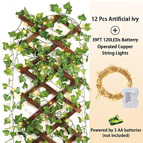 Cqure 14 Pack 98Ft Fake Vines,Artificial Ivy Garland With 100 Led Fairy String Lights Fake Plants Greenery Garland Leaves Ivy Lights Hanging Vines For Bedroom Office Garden Wall Aesthetic Room Decor… #TOP2
