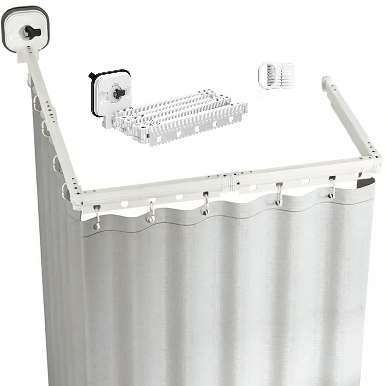 Asta pieghevole per tenda da doccia con ventosa e tenda da doccia, pieghevole a 4 vie, senza foratura, montaggio a parete, con anelli per tende, asta pieghevole per tenda da doccia, colore: bianco