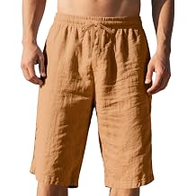 Bermuda Linen Shorts for Men 2026 Summer Elastic Waist Drawstring Work Gym Golf Beach Vacation Shorts with Pockets