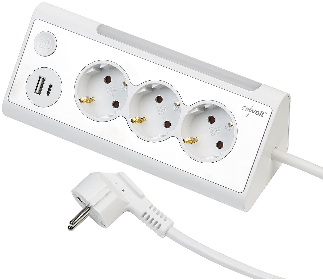 revolt Steckdosenleiste mit: 3-fach-Steckdose mit Nachtlicht, 1x USB A QC, 1x USB C PD, weiß 2er-Se (Steckdosenleiste Eckmontage, mit Buchse, Kabel)