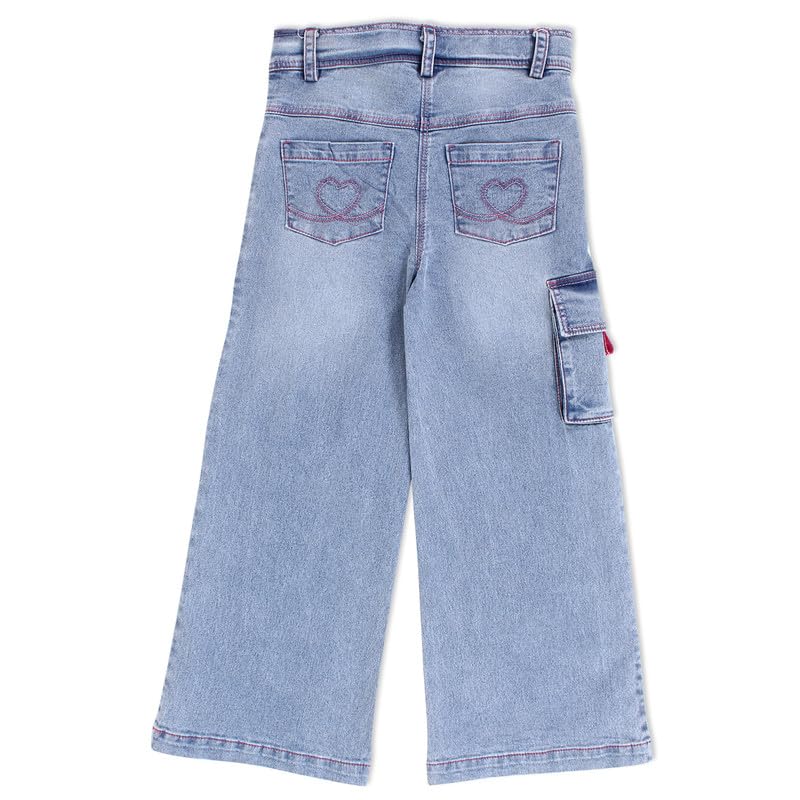 Image of Cutecumber Girls Cotton Rich Denim Wide-Leg Jeans - Side Panel Printed with Floral Ribbon Accessory, Stylish Casual Outfit for Baby Girls & Kids (Age 1-15 Years)