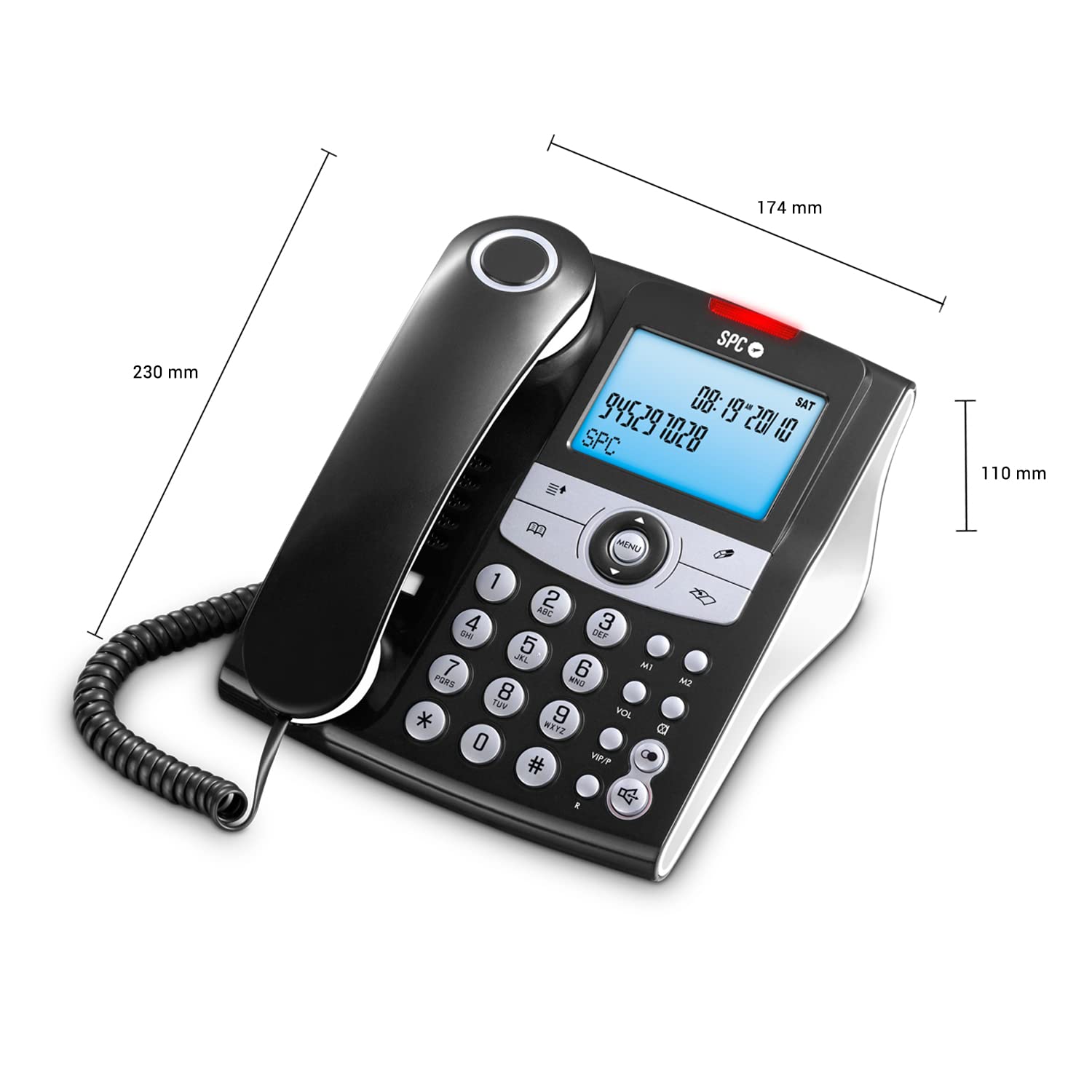 SPC Elegance ID – Teléfono Fijo sobremesa con Pantalla iluminada, 2 memorias directas, Agenda, identificador de Llamadas, Manos Libres y señal Luminosa de Llamadas perdidas - Negro
